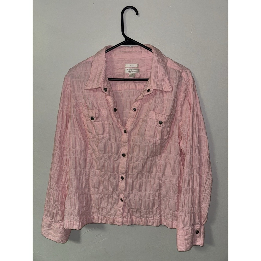 Christopher & Banks Women's XL Stretch Pink Button Up Long Sleeve Blouse